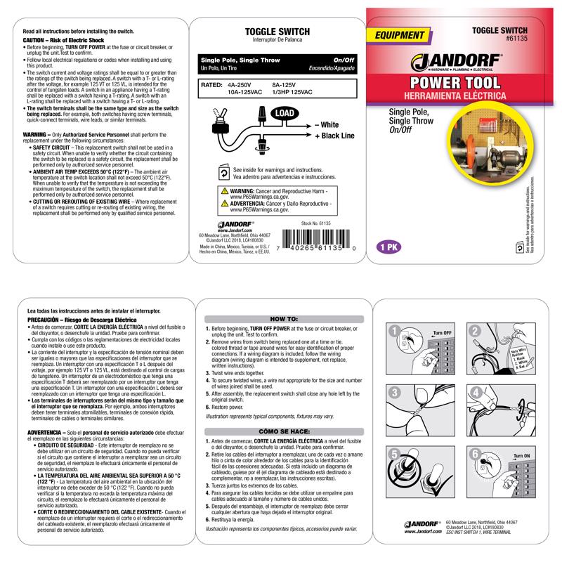 Jandorf 8 amps Single Pole Toggle Power Tool Switch Silver