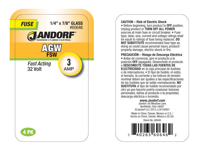 Jandorf AGW 3 amps Fast Acting Fuse 4 pk
