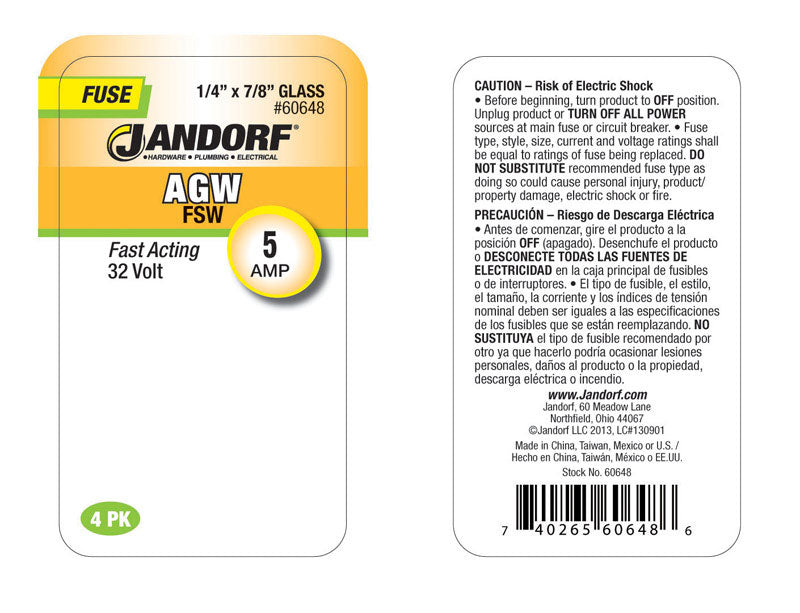 Jandorf AGW 5 amps Fast Acting Fuse 4 pk