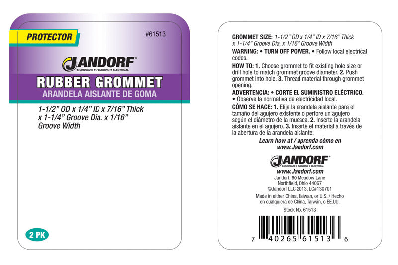 Jandorf 1-1/2 in. D Rubber Grommet 2 pk