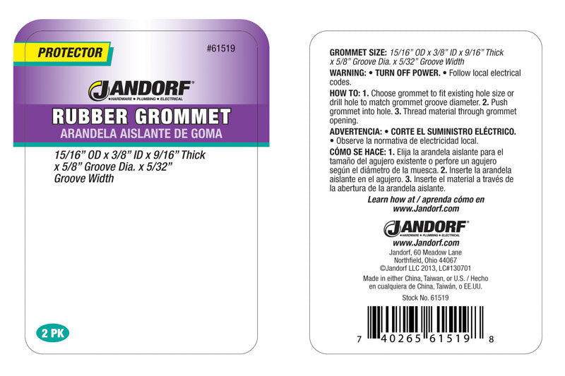 Jandorf 15/16 in. D X 1 in. L Rubber Grommet 2 pk