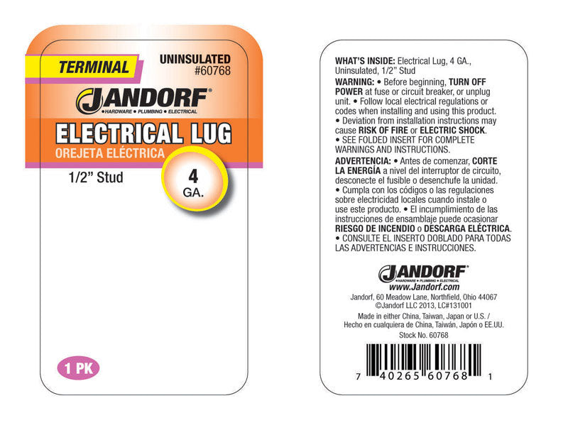 Jandorf 4 Ga. Uninsulated Wire Electrical Lug Silver