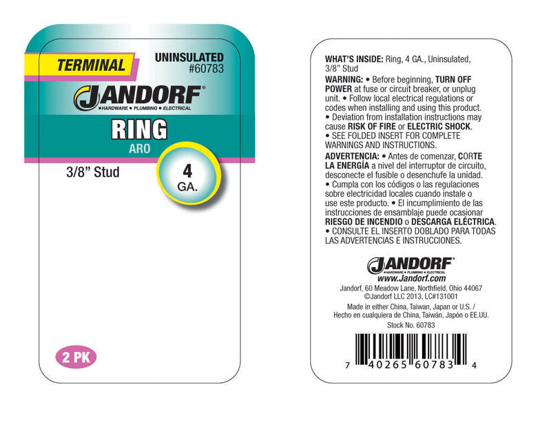 Jandorf 4 Ga. Uninsulated Wire Ring Terminal Silver 2 pk
