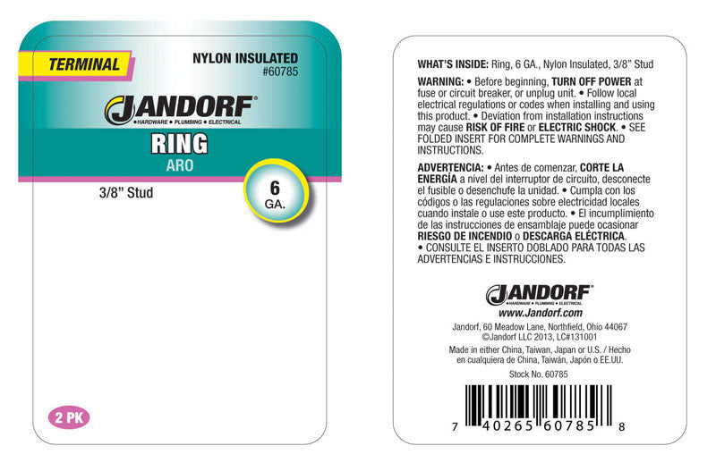 Jandorf 6 Ga. Insulated Wire Ring Terminal Blue 2 pk