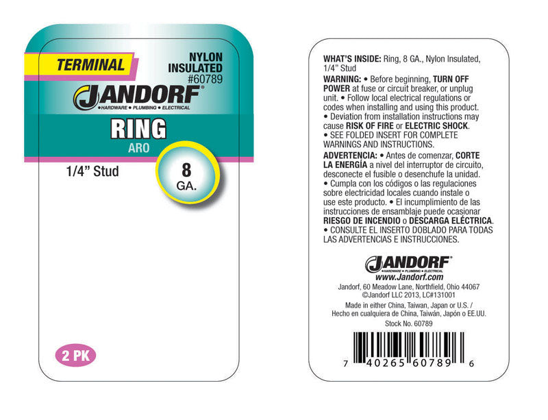Jandorf 8 Ga. Insulated Wire Ring Terminal Red 2 pk