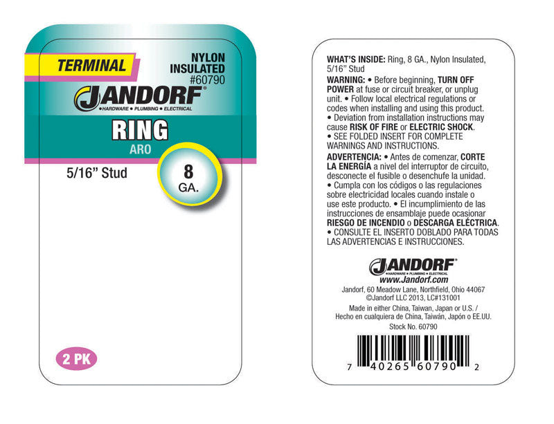 Jandorf 8 Ga. Insulated Wire Ring Terminal Red 2 pk