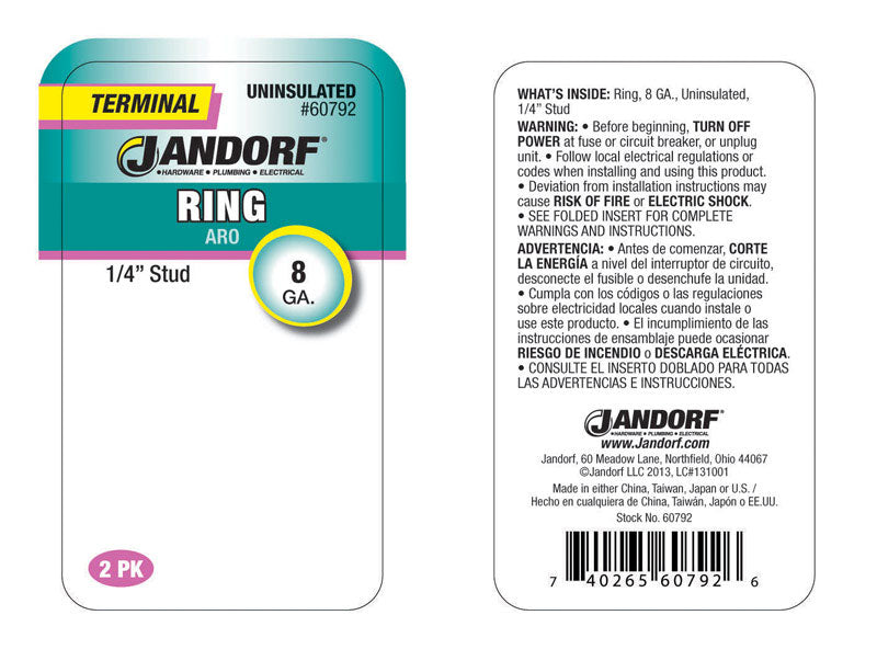 Jandorf 8 Ga. Insulated Wire Ring Terminal Silver 2 pk