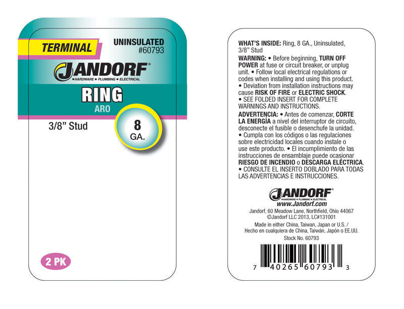 Jandorf 8 Ga. Insulated Wire Ring Terminal Silver 2 pk