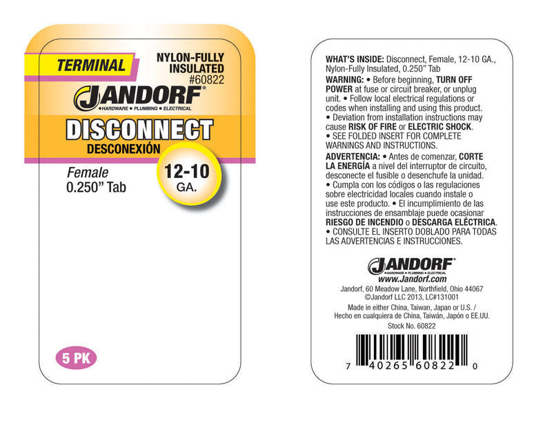Jandorf 12-10 Ga. Insulated Wire Female Disconnect Clear 5 pk