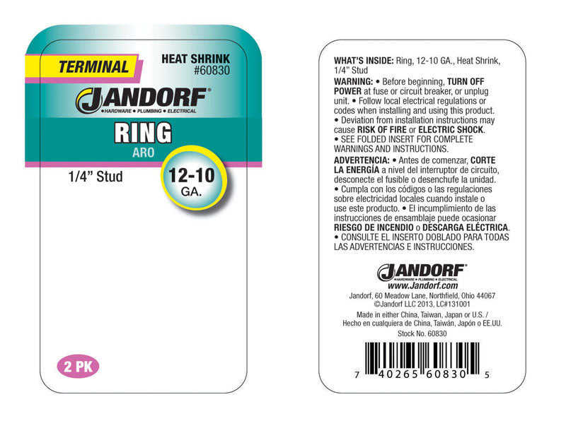 Jandorf 12-10 Ga. Insulated Wire Ring Terminal Yellow 2 pk