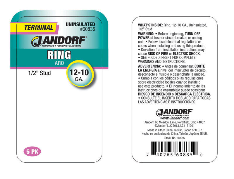 Jandorf 12-10 Ga. Uninsulated Wire Ring Terminal Silver 5 pk