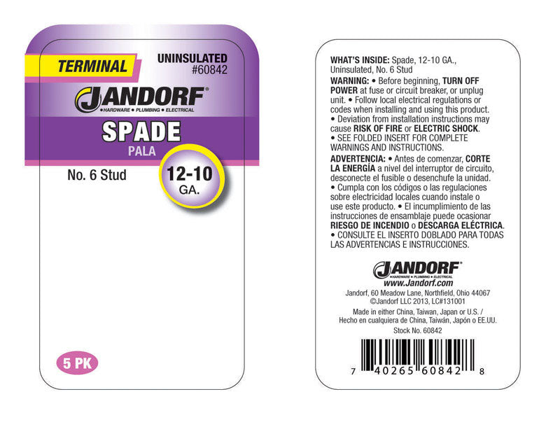 Jandorf 12-10 Ga. Uninsulated Wire Spade Terminal Silver 5 pk