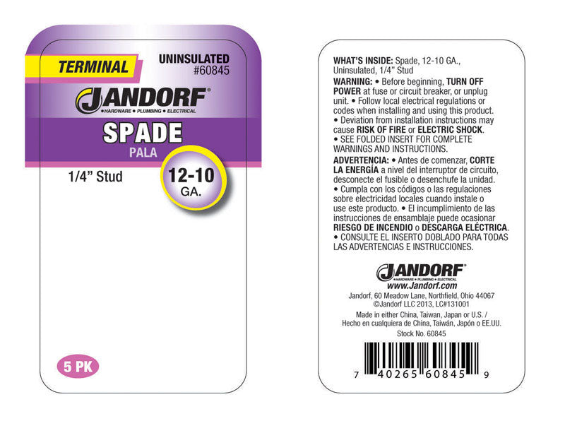 Jandorf 12-10 Ga. Uninsulated Wire Spade Terminal Silver 5 pk