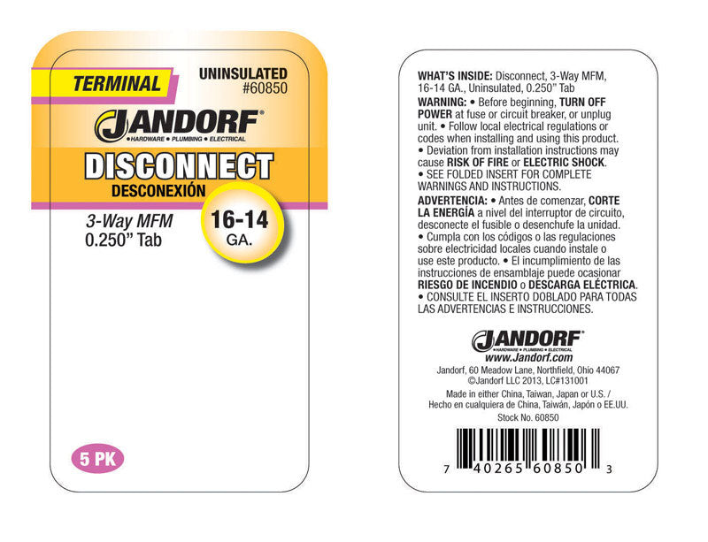 Jandorf Uninsulated Wire Terminal Disconnect Yellow 5 pk