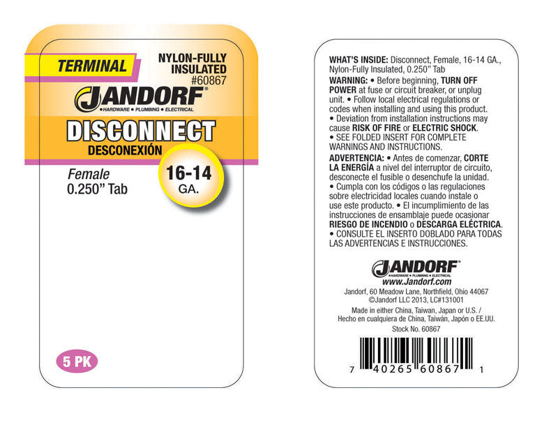 Jandorf 16-14 Ga. Insulated Wire Female Disconnect Blue 5 pk