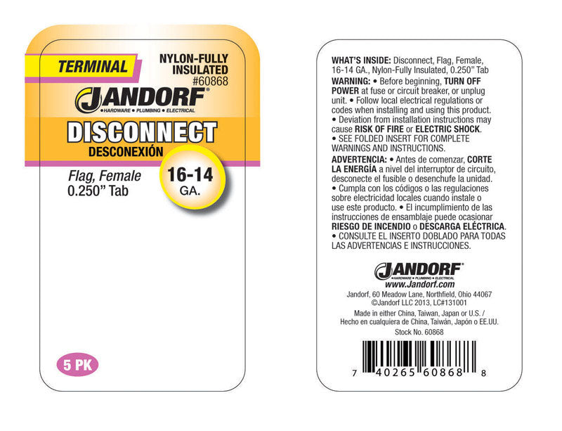 Jandorf 16-14 Ga. Insulated Wire Terminal Disconnect Blue 5 pk