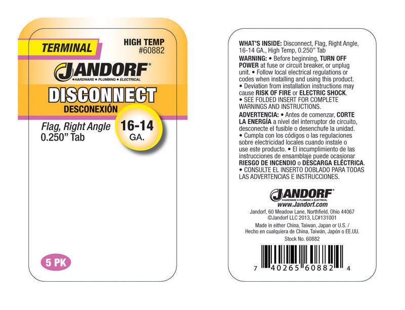 Jandorf 16-14 Ga. Insulated Wire Terminal Disconnect Silver 5 pk