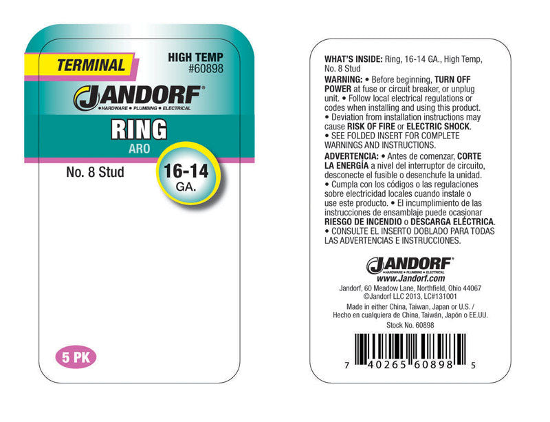 Jandorf 16-14 Ga. Insulated Wire Ring Terminal Silver 5 pk