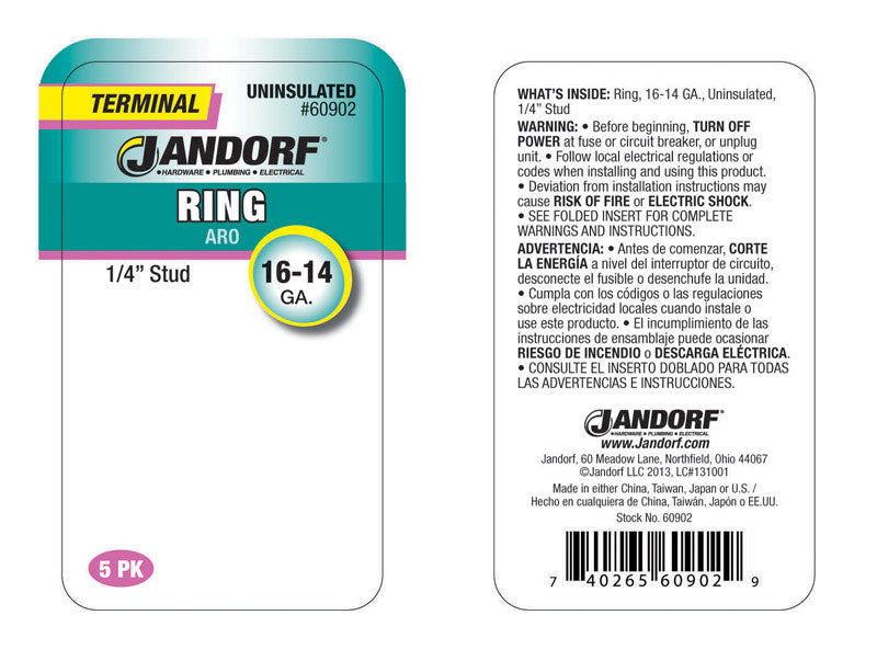 Jandorf 16-14 Ga. Uninsulated Wire Ring Terminal Silver 5 pk