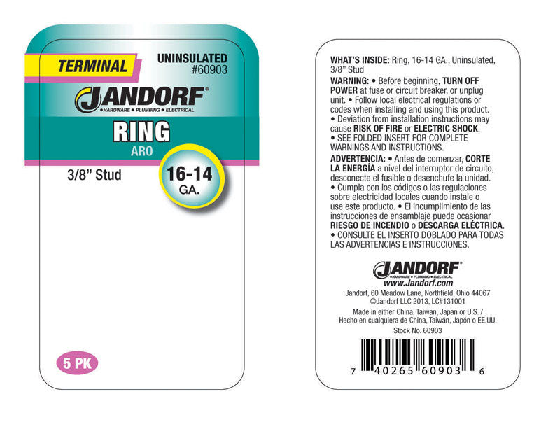 Jandorf 16-14 Ga. Uninsulated Wire Ring Terminal Silver 5 pk