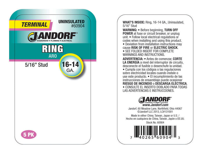 Jandorf 16-14 Ga. Uninsulated Wire Ring Terminal Silver 5 pk
