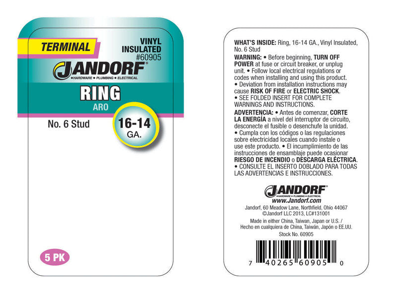 Jandorf 16-14 Ga. Insulated Wire Ring Terminal Blue 5 pk