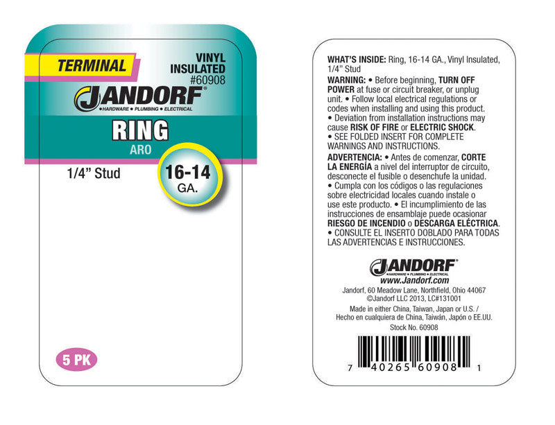 Jandorf 16-14 Ga. Insulated Wire Ring Terminal Blue 5 pk