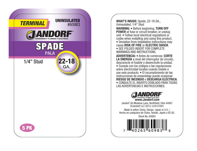 Jandorf 22-18 Ga. Uninsulated Wire Spade Terminal Silver 5 pk