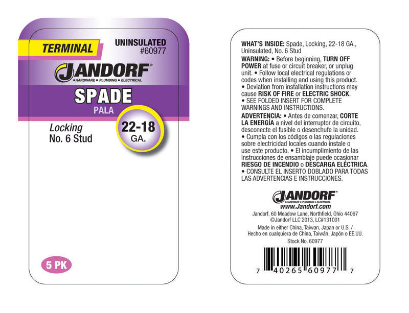 Jandorf 22-18 Ga. Uninsulated Wire Spade Terminal Silver 5 pk