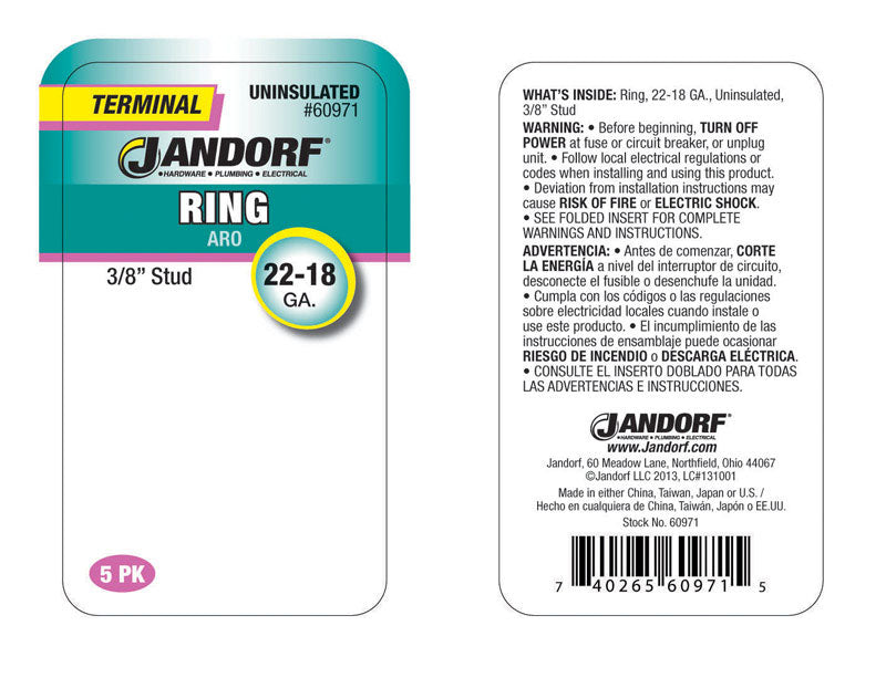 Jandorf 22-18 Ga. Uninsulated Wire Ring Terminal Silver 5 pk