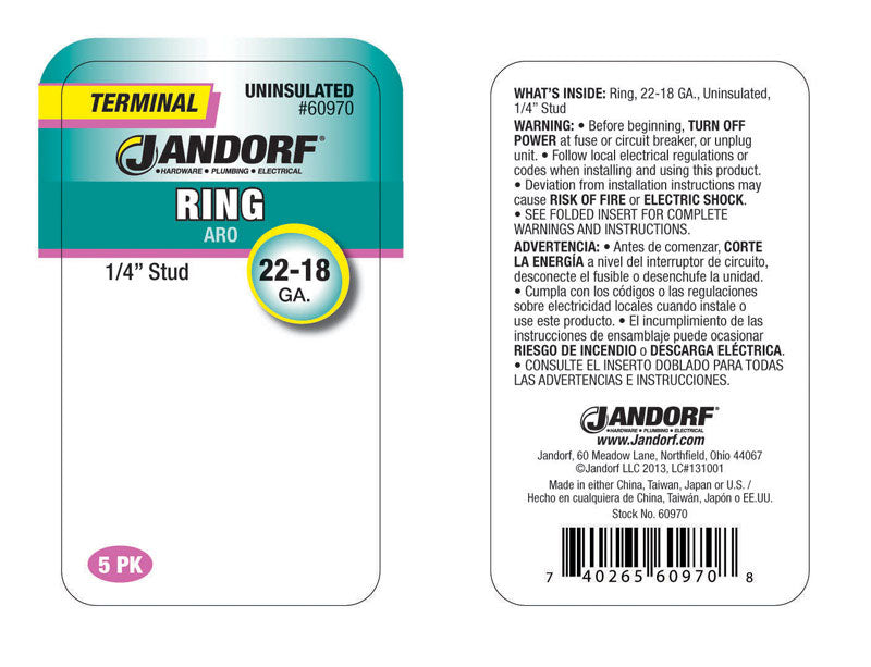 Jandorf 22-18 Ga. Uninsulated Wire Ring Terminal Silver 5 pk