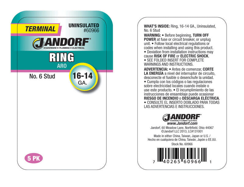 Jandorf 16-14 Ga. Uninsulated Wire Ring Terminal Silver 5 pk