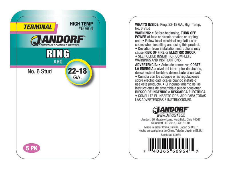 Jandorf 22-18 Ga. Insulated Wire Ring Terminal Silver 5 pk