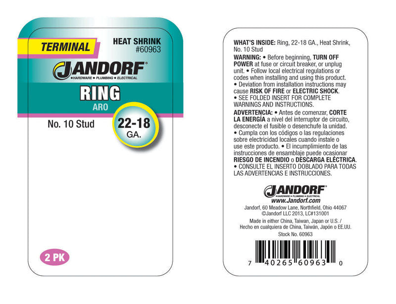 Jandorf 22-18 Ga. Insulated Wire Ring Terminal Red 2 pk