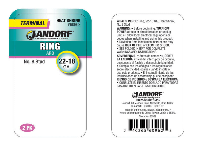 Jandorf 22-18 Ga. Insulated Wire Ring Terminal Red 2 pk