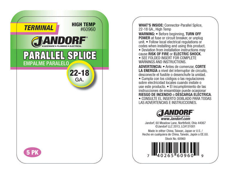 Jandorf 22-18 Ga. Uninsulated Wire Terminal Parallel Splice Silver 5 pk