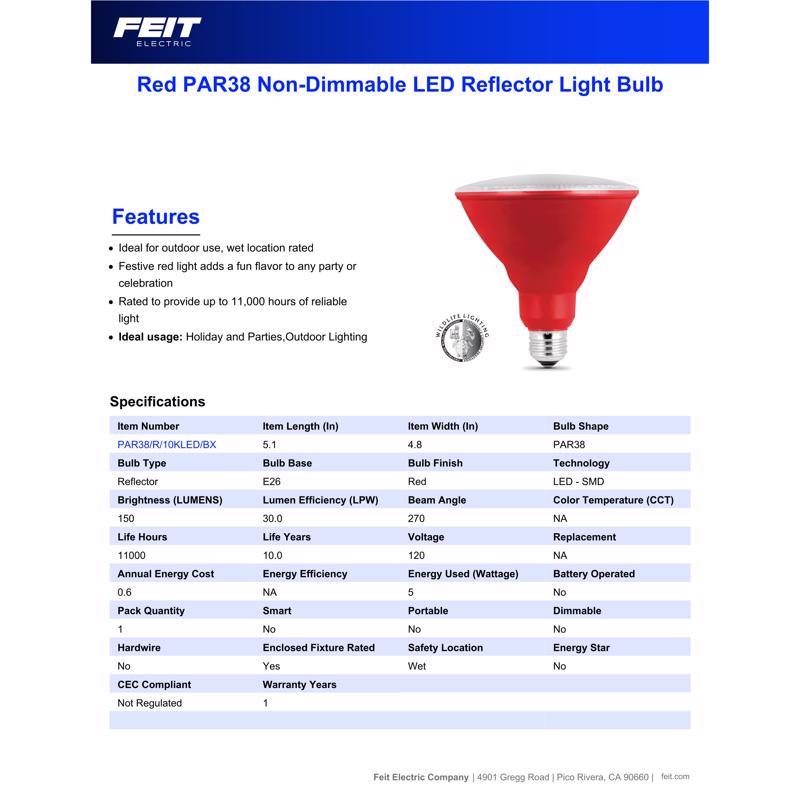 Feit PAR38 E26 (Medium) LED Bulb Red 120 Watt Equivalence