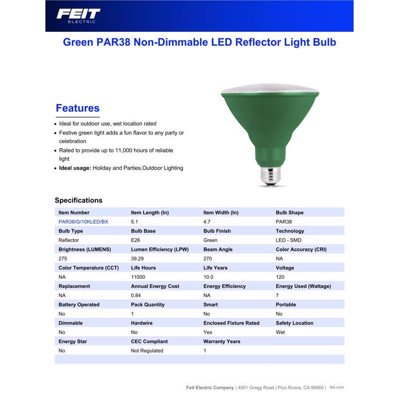 Feit PAR38 E26 (Medium) LED Bulb Green 120 Watt Equivalence