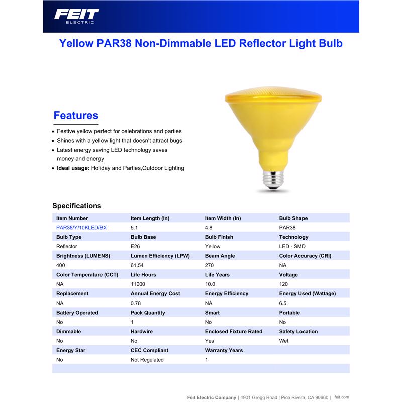 Feit PAR38 E26 (Medium) LED Bulb Yellow 90 Watt Equivalence