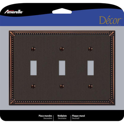 Amerelle Imperial Bead Aged Bronze 3 gang Die-Cast Metal Toggle Wall Plate