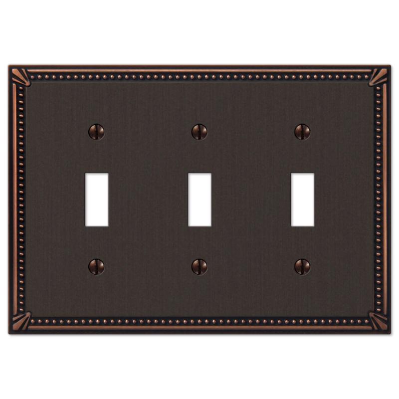 Amerelle Imperial Bead Aged Bronze 3 gang Die-Cast Metal Toggle Wall Plate