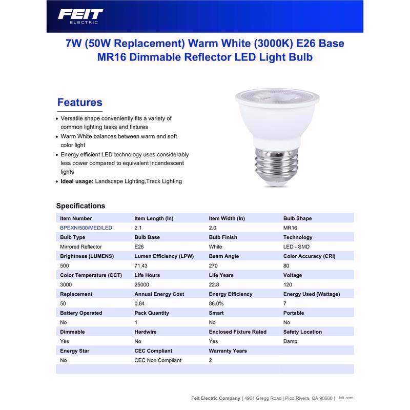 Feit MR16 E26 (Medium) LED Bulb Bright White 50 Watt Equivalence