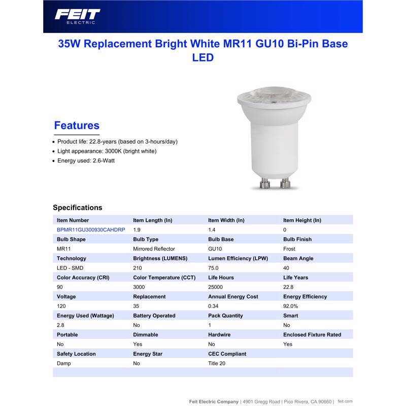 Feit MR11 GU10 LED Bulb Warm White 25 Watt Equivalence