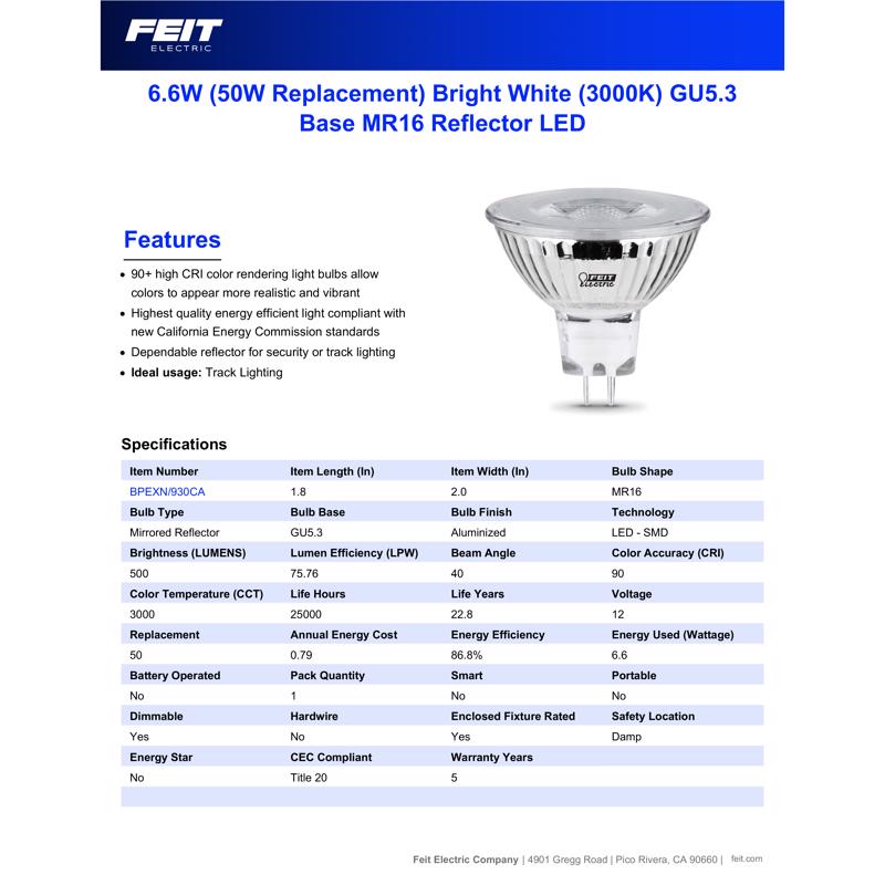 Feit MR16 GU5.3 LED Bulb Bright White 50 Watt Equivalence