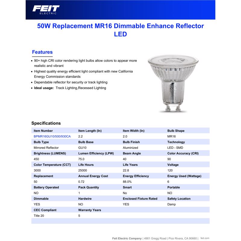 Feit MR16 GU10 LED Bulb Bright White 50 Watt Equivalence