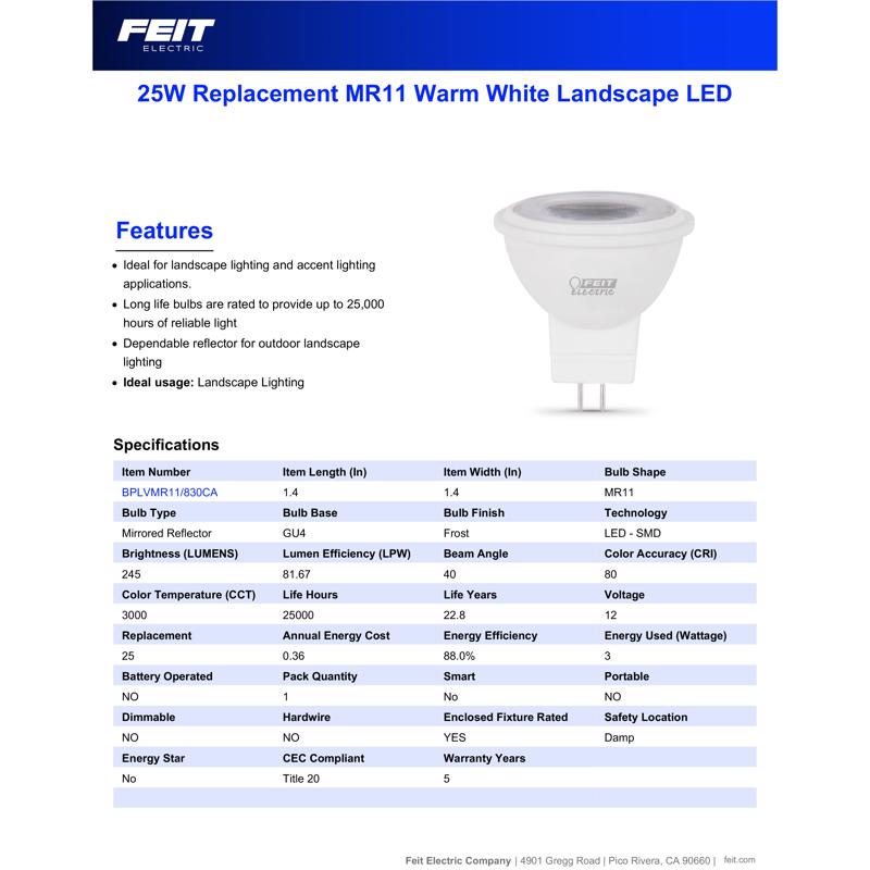 Feit MR11 GU4 LED Bulb Warm White 25 Watt Equivalence