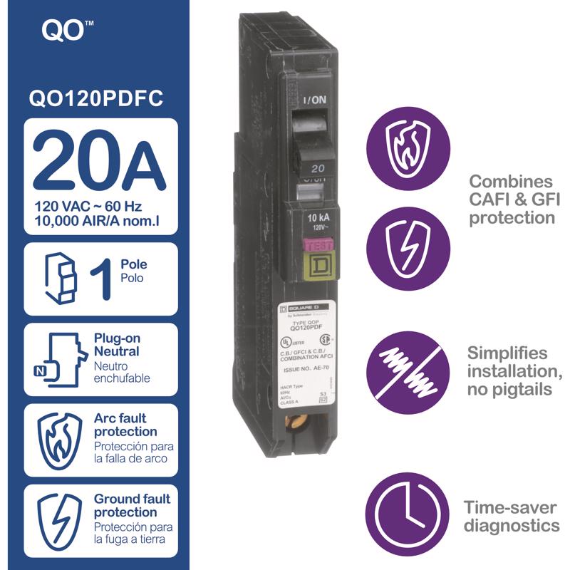 Square D QO 20 amps Arc Fault/Ground Fault Single Pole Circuit Breaker