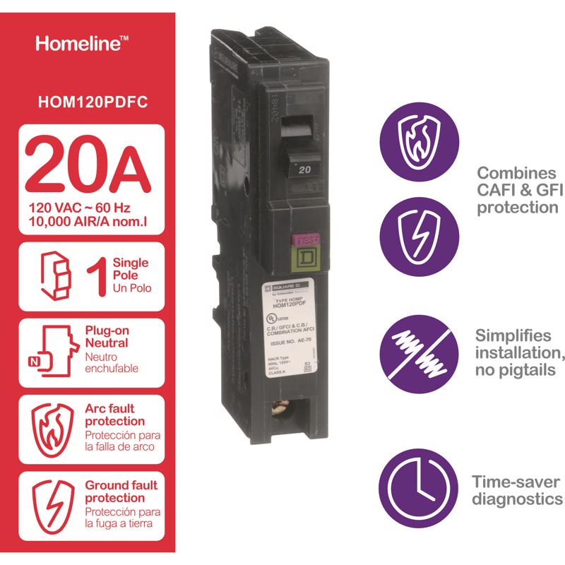 Square D 20 amps Arc Fault/Ground Fault Single Pole Circuit Breaker