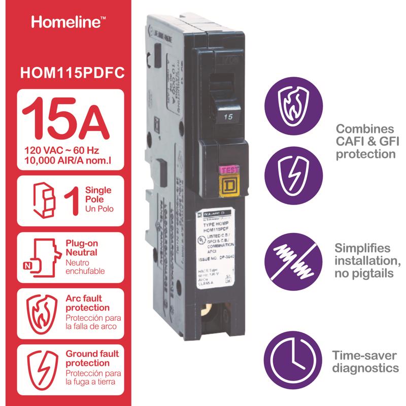 Square D HomeLine 15 amps Arc Fault/Ground Fault Single Pole Circuit Breaker