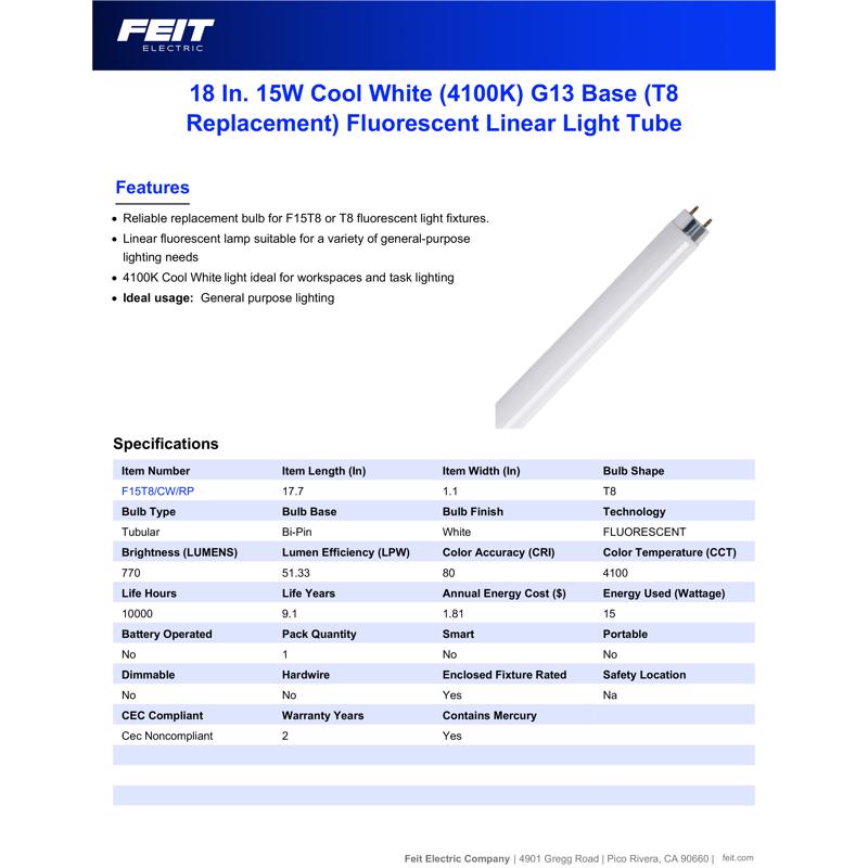 Feit Legacy Bulbs 15 W T8 1.1 in. D X 17.7 in. L Fluorescent Bulb Cool White Linear 4100 K